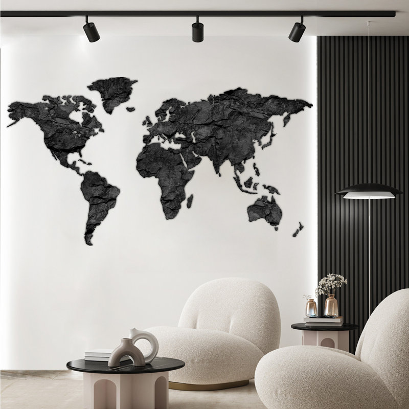 Mappa del Mondo - Gold - Rectangle Print on MDF, 105cm H x 190cm W, Beige/Blue