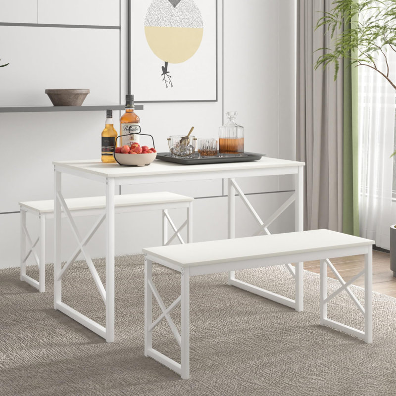 Ensemble de table de salle à manger en bois robuste 43,3 "avec 2 bancs pour 4, Blanc, Blanc, Blanc