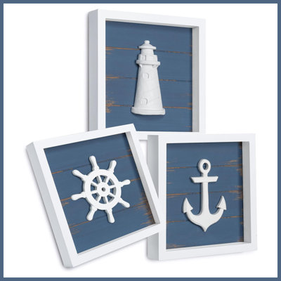 Rustic 3D Nautical Wall Decor Set of 3, Anchor Lighthouse Ship Wheel Coastal Wall Art, Classic Blue 7"x7"