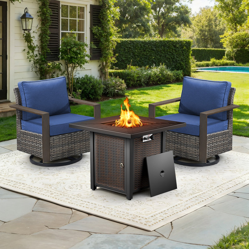 Drazen 2 - Person Patio Furniture Set With Fire Pit Table, All-Weather Wicker Outdoor Conversation Set With Chair And Thick Cushions