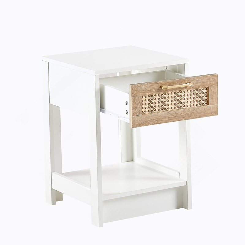 Stylish Rattan End Table With Drawer, Modern Nightstand And Side Table For Versatile Use In Living Room And Bedroom, White
