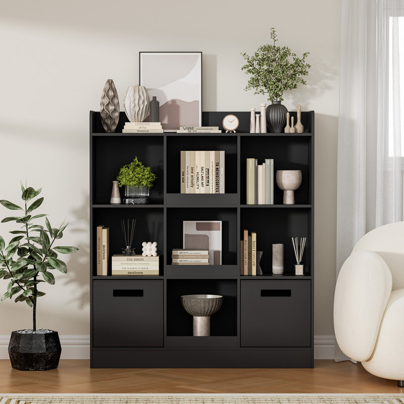 Kids Bookshelf With 9 Cube, Toy Storage Organizer With 2 Fabric Drawers, 3-tier Freestanding Wooden Open Shelf Bookshelf, Modern Kids Display Bookcase For Bedroom, Living Room, Office,black