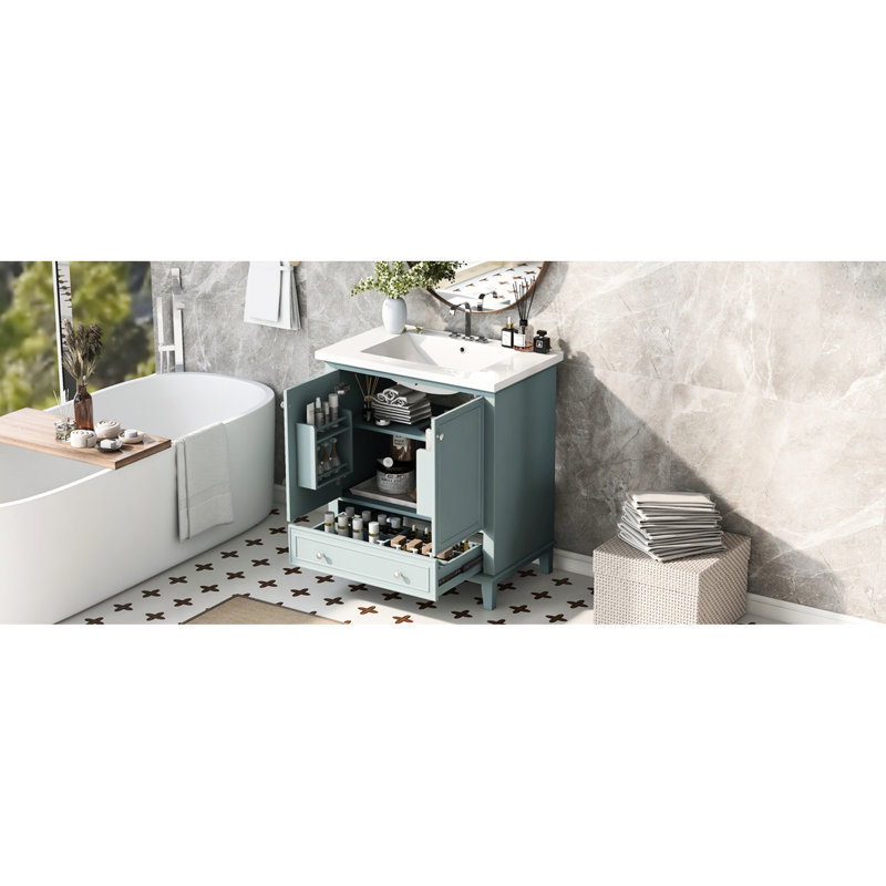 30 - Inch Bathroom Vanity With Centre Undermount Sink, Multi Functional Storage Cabinet, Solid Rubber Wood And , Painted Finish Stainless Steel Hinges Freestanding Rectangular Shape, Silver Round