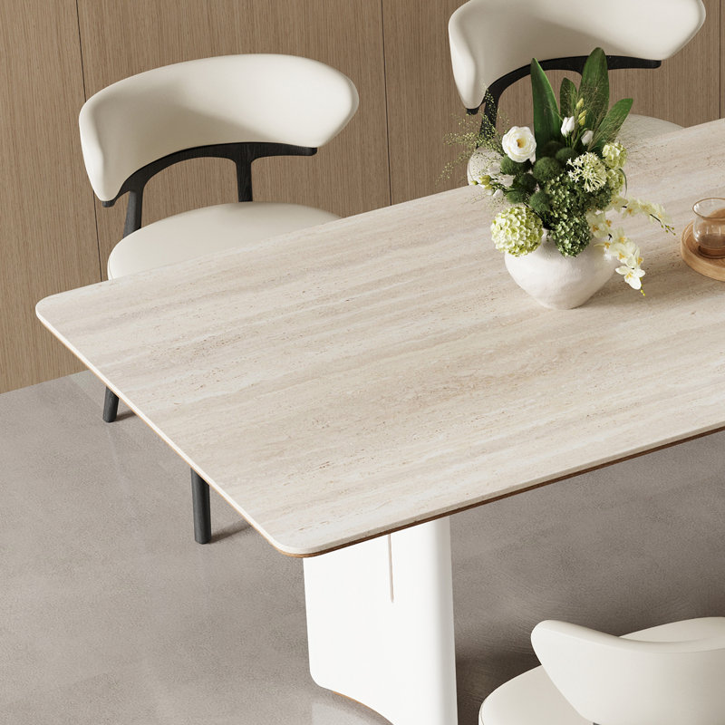 Table de salle à manger 70,8 po en pierre blanche moderne, plateau double couche avec bases doubles, sièges 6 à 8