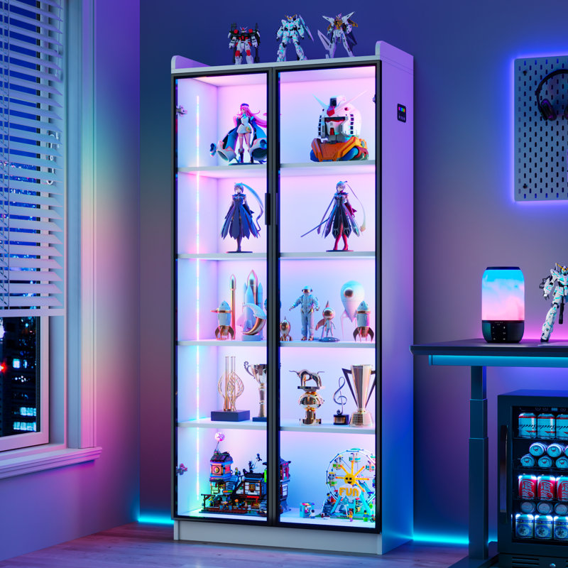 Vitrine H 65 po avec portes en verre et lumière RVB, Blanc
