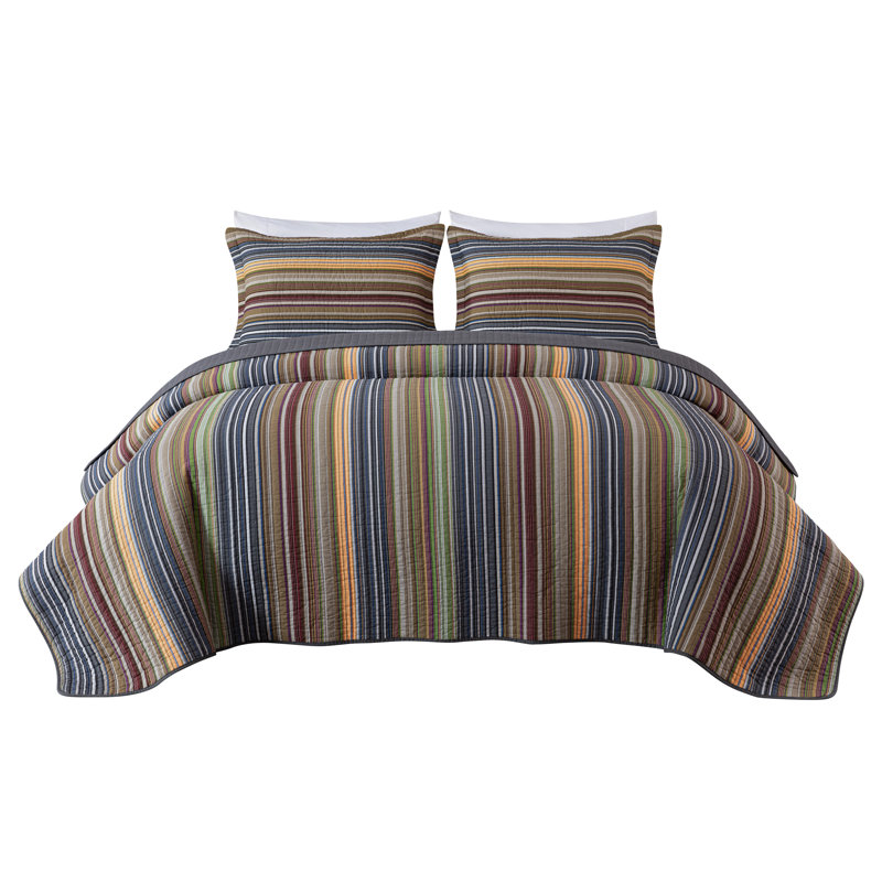 Avery Striped Pre-Washed Cotton Quilt Set, Green/Navy/Brown, Oversized King Quilt + 2 King Shams