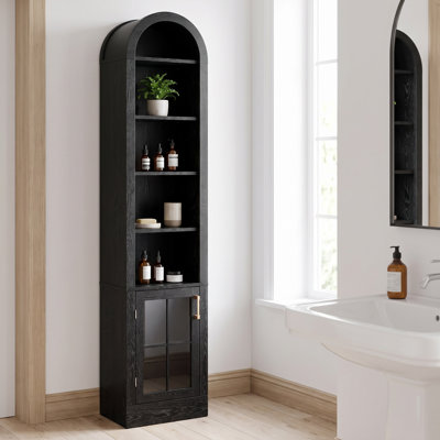 Armoire de rangement haute et étroite en arc de cercle pour salle de bain, colonne à linge autoportante avec porte vitrée, étagères ouvertes fines pour salle de bain, salon, cuisine, fini bois noir