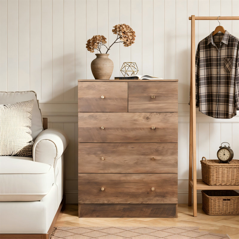Commode haute 5 tiroirs Rustic Wood, Gris