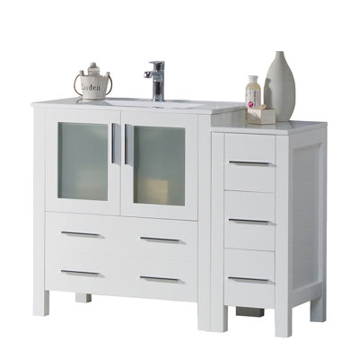 Meuble-lavabo en bois massif blanc brillant 42 po Blossom - Lavabo en céramique, armoire latérale, tiroirs à fermeture en douceur et portes en verre trempé