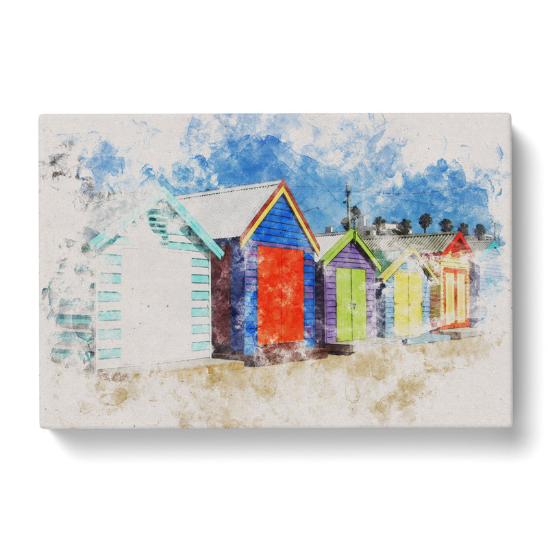 Colourful Beach Huts Watercolour - Wrapped Canvas, 50cm H x 76cm W x 3cm D
