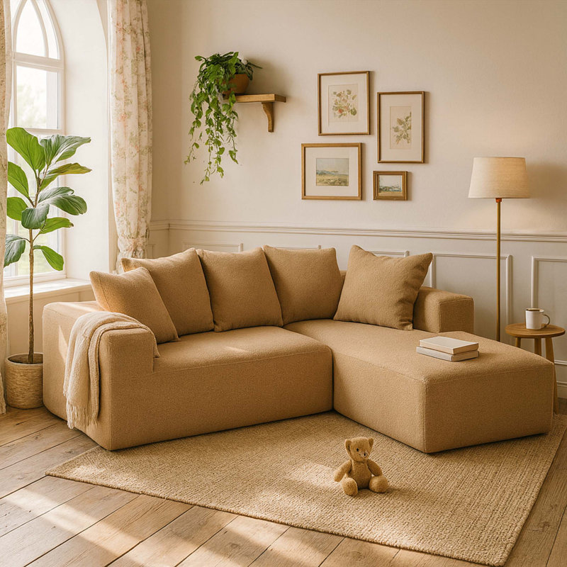 Canapé modulaire à compression complète en mousse, cinq grands coussins moelleux, tissu en flanelle brune, conception en forme de L, taille 96,46 po x 72,83 po x 23,03 po