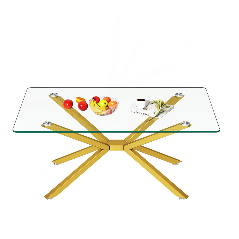 39.37" Rectangular Clear Tempered Glass Coffee Table,Stylish Design With Gold Metal Legs, Coffee Table For Living Room
