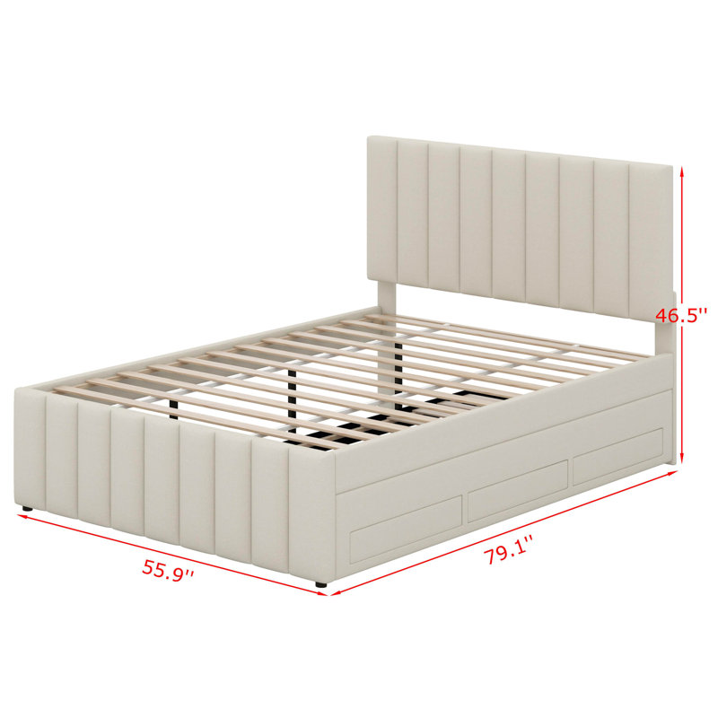 Lit plateforme double avec lit gigogne et 3 tiroirs de rangement, cadre de lit et tête de lit à rayures, Beige