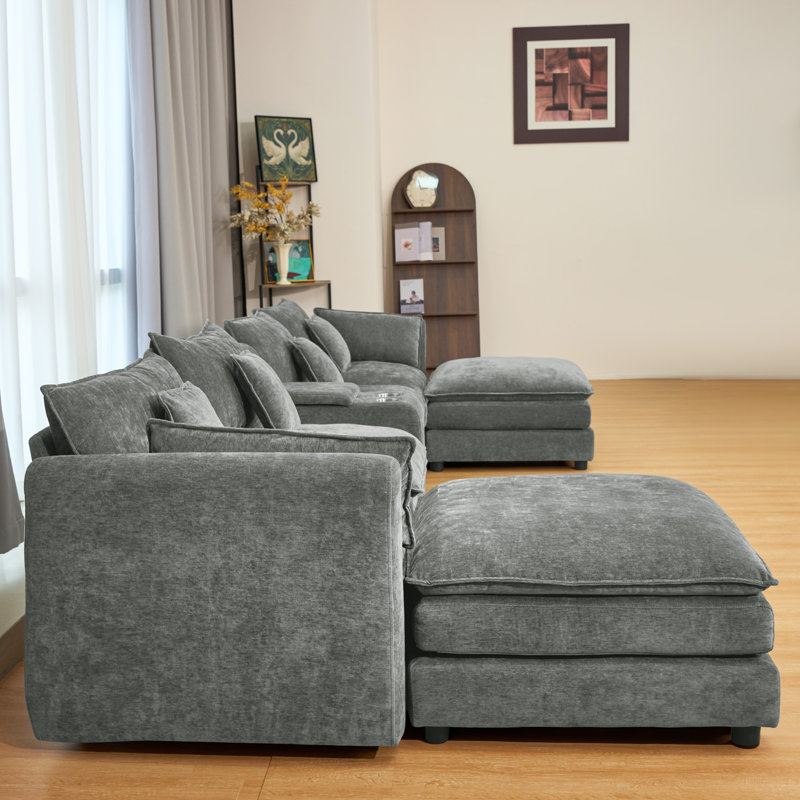 Canapé modulaire en U de 144 po avec repose-pieds en chenille moelleux de 144 po, 6 places, comprenant une console et des porte-gobelets, un confort moderne en forme de nuage pour le salon