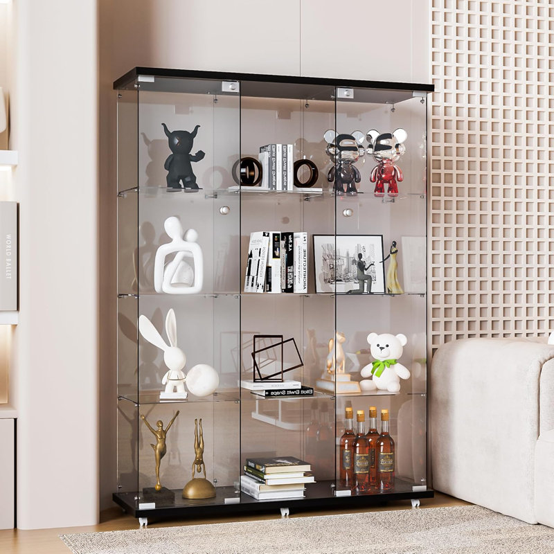 Vitrines en verre, vitrine en verre à 4 tablettes, vitrines, Noir, noir, noir, noir
