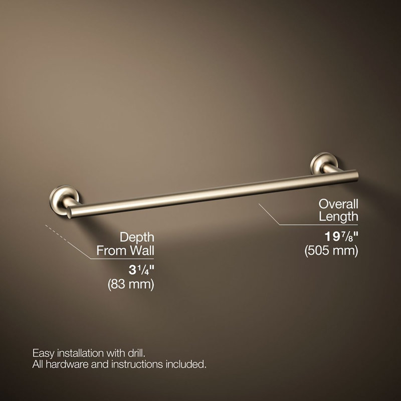 Purist® Wall Mounted Round Towel Bar, Metal Wall-Mounted Towel Holder, 1.875" H x 19.881" L x 3.25" D, Vibrant Rose Gold