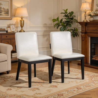 Modern Black-Finish Wood & White Glossy PU Leather Upholstered Dining Chairs Set Of 2