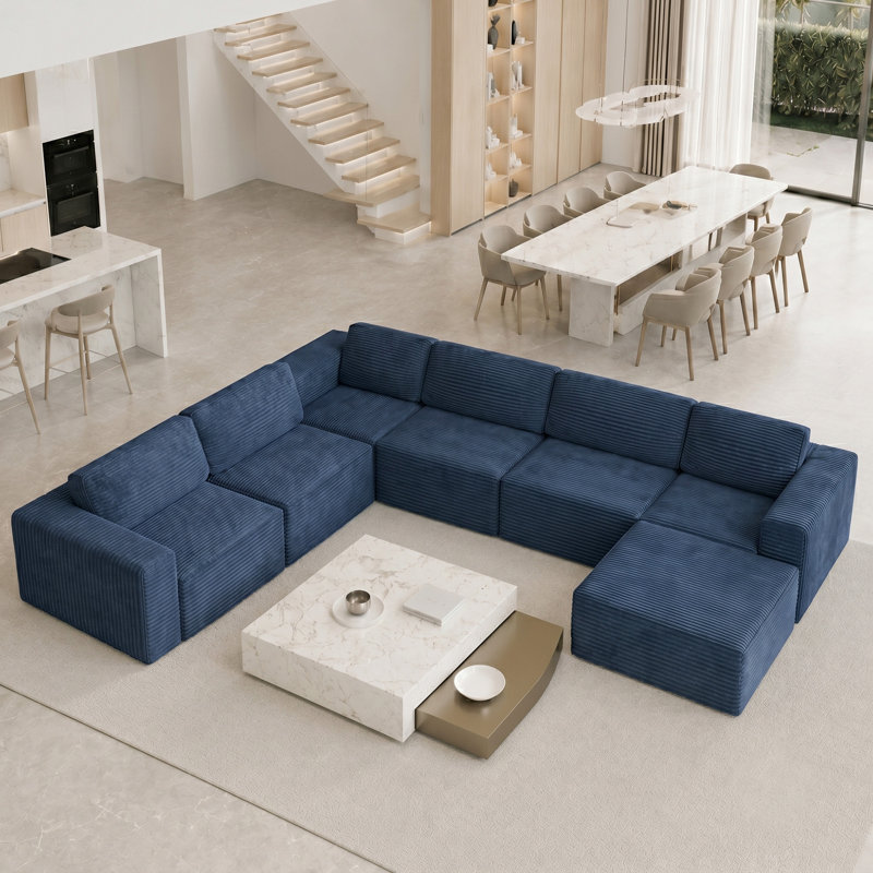Modular Oversized 404cm 6-seater L-shaped Boneless Corduroy Sofa, No Assembly Required, Blue, Left Hand Facing