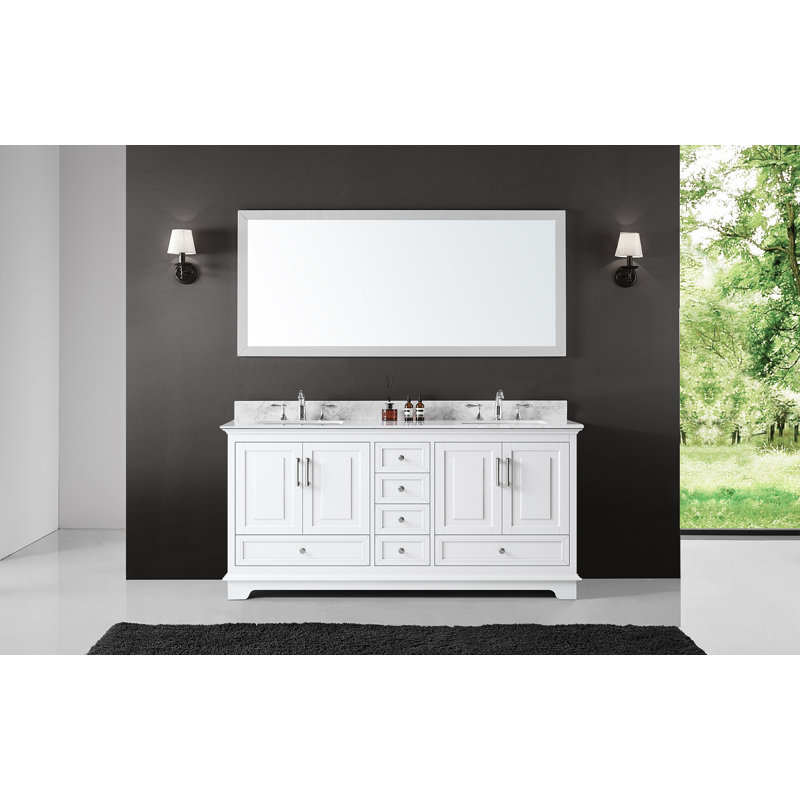 72'' White Double Bathroom Vanity with Carrara Marble Top