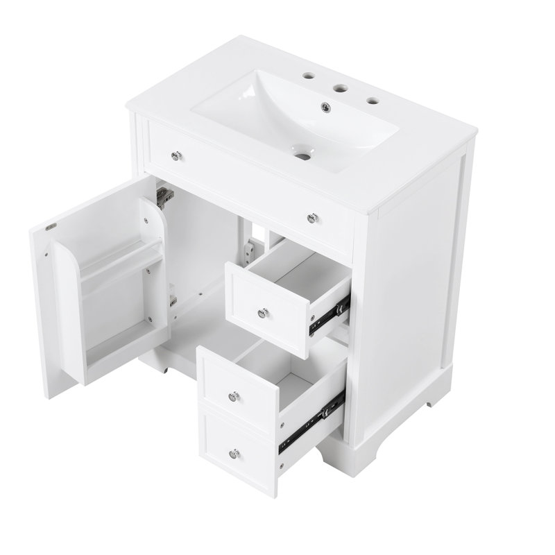 Meuble-lavabo blanc de 30 po avec comptoir d'évier, armoire avec porte et deux tiroirs, panneaux de fibres à densité moyenne et fabrication en bois massif