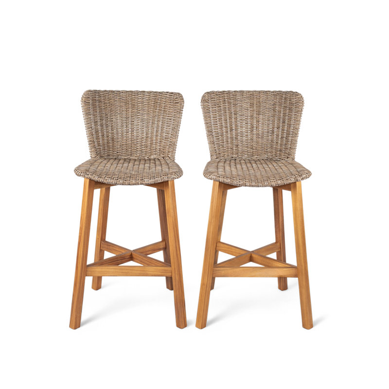 Lymington Outdoor Bar Stool, Teak Finished Wood With Light Brown Wicker, Set Of 2, Light Brown/Teak