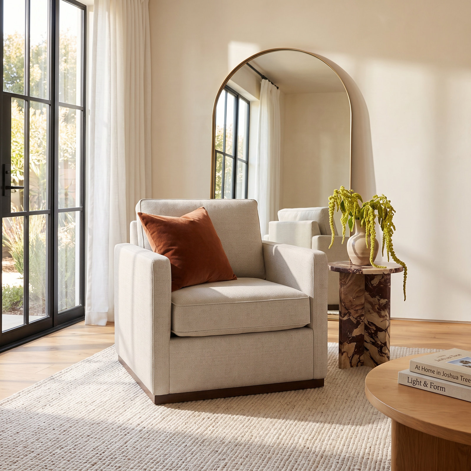 Bobbi Walnut Swivel Armchair, Effie Linen Performance Linen