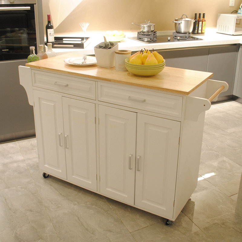 Îlot de cuisine et chariot de cuisine, îlot de cuisine mobile, plateau en bois d'hévéa, grande tablette réglable à l'intérieur de l'armoire pour différents ustensiles