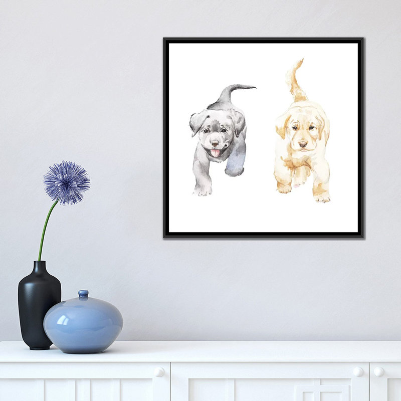 «Yellow And Black Lab Puppies», impression sur toile, H 18 po x l 18 po x P 1,5 po, Toile avec cadre noir, Pas de tapis