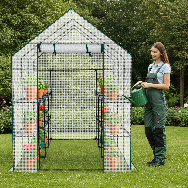 3-Tier Metal-Framed PE-Covered Walk-In Greenhouse With 12 Shelves, White