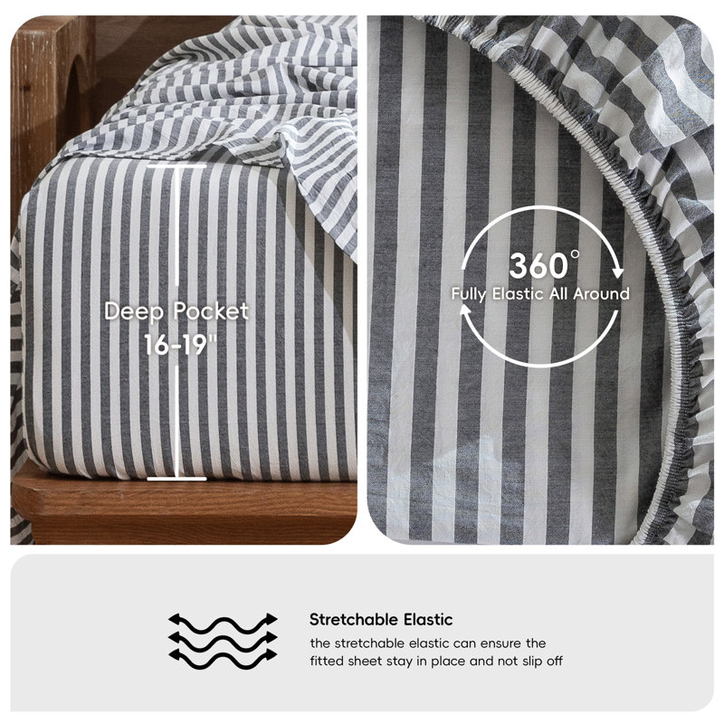 MooMee Striped Sheet Set 100% Washed Cotton Linen Like Textured Breathable Lightweight, Queen Sheet Set with 2 Pillowcases