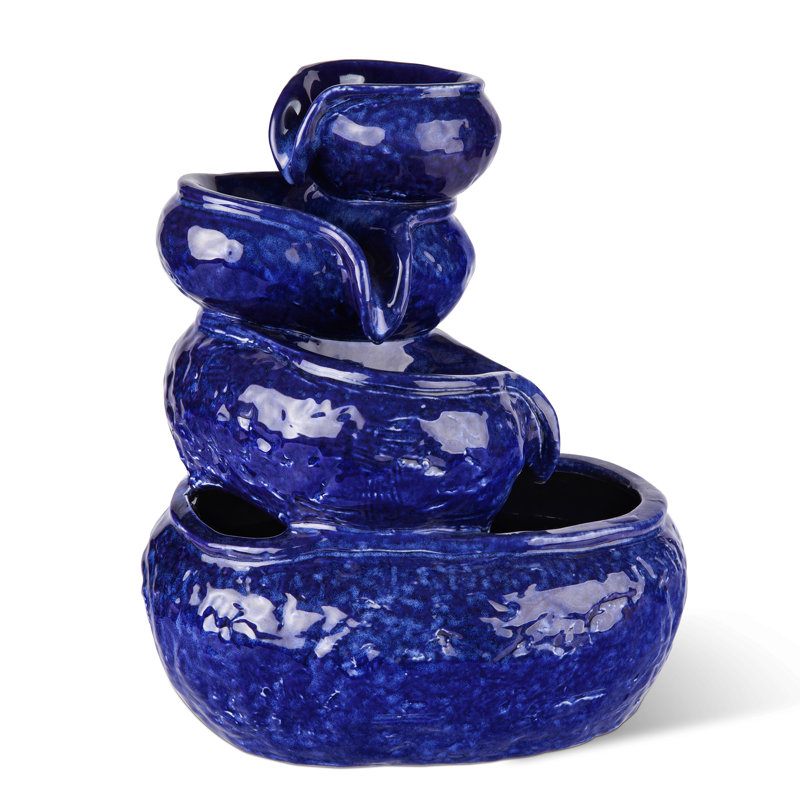 Fontaine de table 11,75 "à 4 niveaux en céramique bleu cobalt avec pompe (KD)