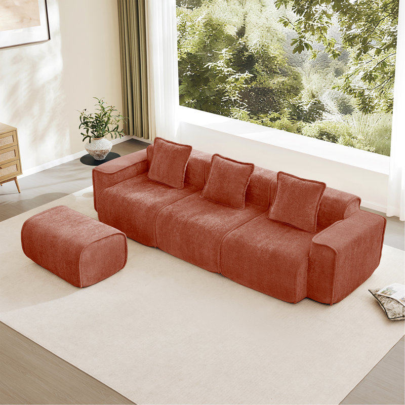Canapé modulaire en L à 3 places avec passepoil à bordure française, sans assemblage requis, canapé 3 places avec coussins décoratifs et 1 repose-pieds mobile, tissu de velours rouge