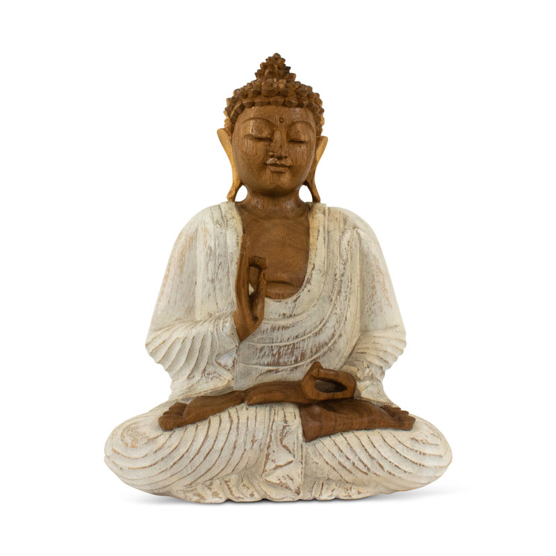 Statue de Bouddha en bois sculpté à la main Sculpture Vitarka Mudra blanchie à la main, décoration zen