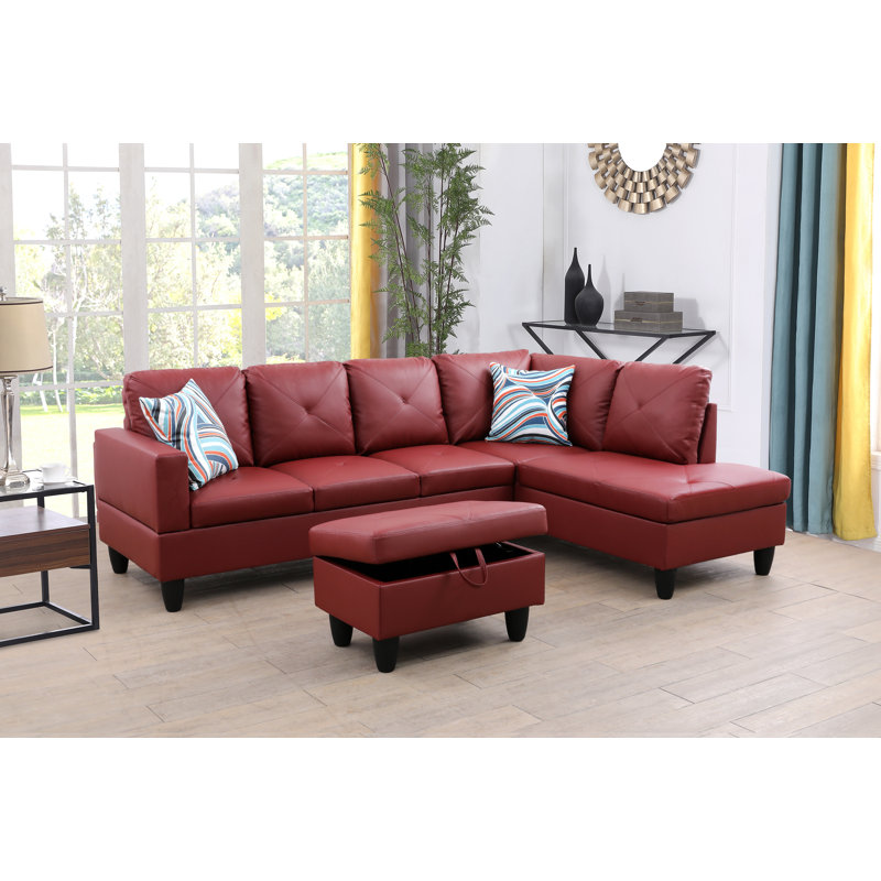 Swarey Faux Leather L-Shaped Sectional, Right Hand Facing, Burgundy Faux Leather