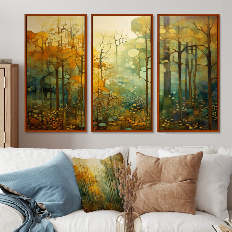 Collage rétro bois d'automne - ensemble d'art mural forêt, H 40 po x l 60 po x P 1 po, Cadre flottant brun
