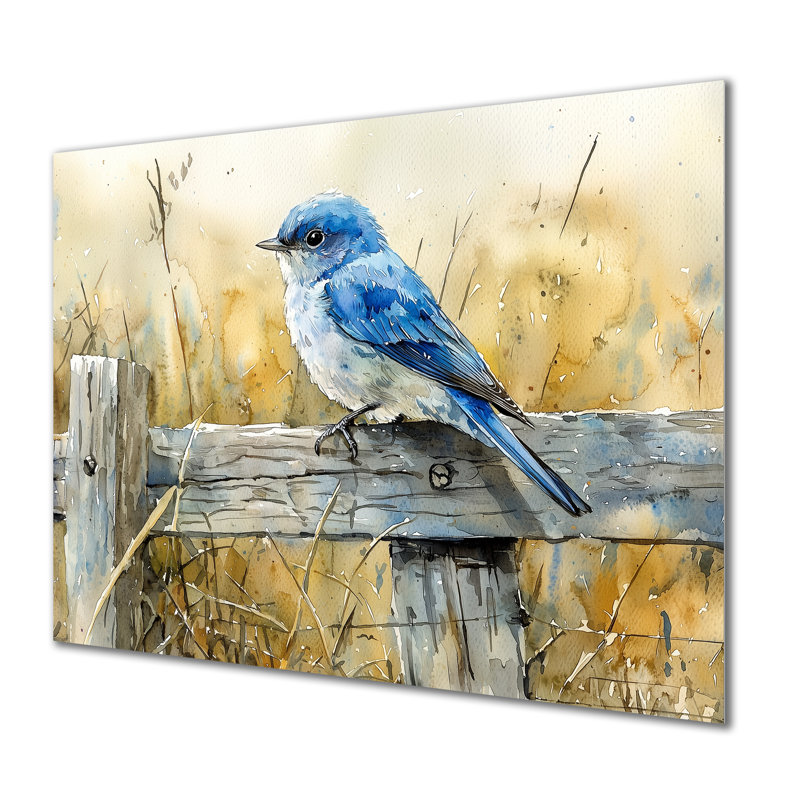 «Bluebird On The Farm Fence II», impression d'art mural en métal moderne, H 16 po x l 32 po