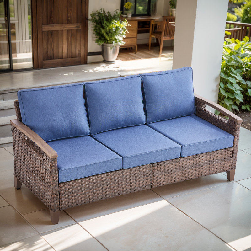 Arundel 73.2" Outdoor Wicker Patio Sofa – Deep Seating Outdoor Couch With Cushions, Blue