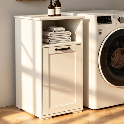Armoire à linge blanche inclinable avec sac à doublure amovible, armoire de rangement pour salle de bain autoportante l 15,74 po avec tablette ouverte et poignées en métal