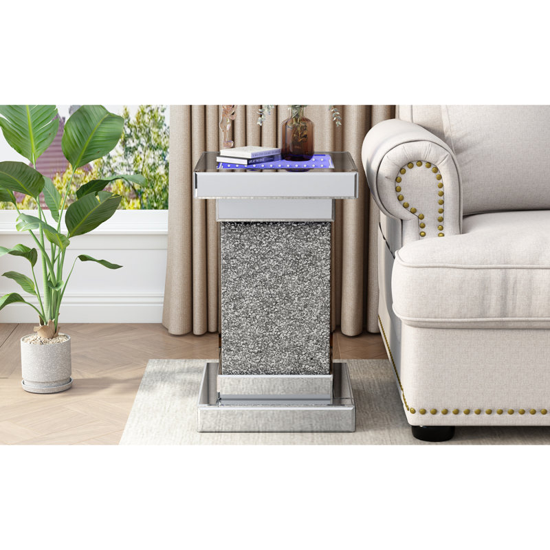 11.8''  Square Mirrored End Table With LED S, Modern Side Table With Crushed Diamond For Living Room, No Assembly Required