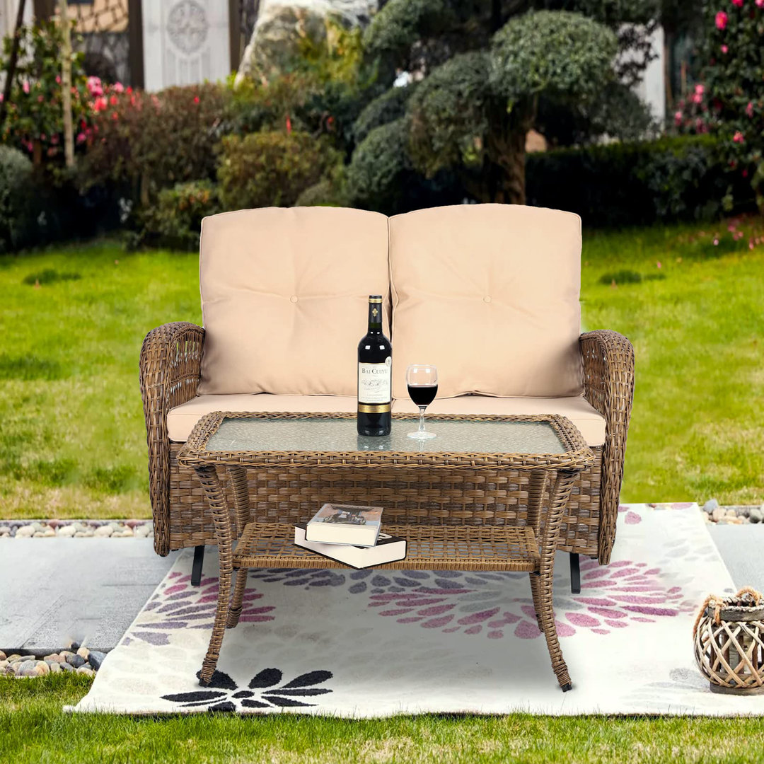 Vivijsaon 2-Piece Patio Wicker Loveseat Glider Set Cushioned, Outdoor Conversation Furniture Sets With 2-Seater Glider Rocking Bench, Coffee Table And Cushions For Porch Garden Poolside, Light Brown VIVIJASON