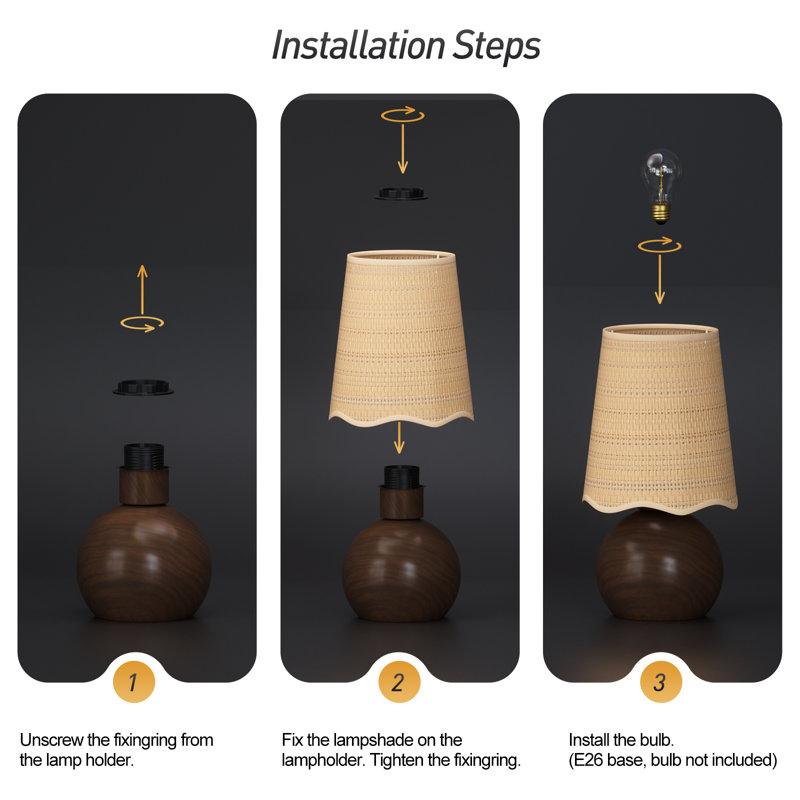 10.6’’ H Boho Rattan Table Lamp with Faux Wood Metal Base for Bedroom & Living Room, E26 Socket, Brown