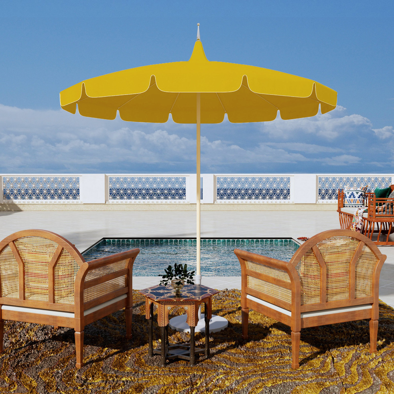 Nikolitsa 8.5' Sunbrella Pagoda Umbrella, Sunflower Yellow