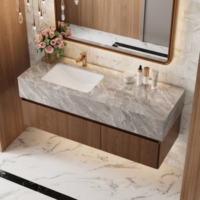 Meuble-lavabo flottant de luxe 48 po avec lavabo, plateau de table en faux marbre gris brillant, base en bois de noyer