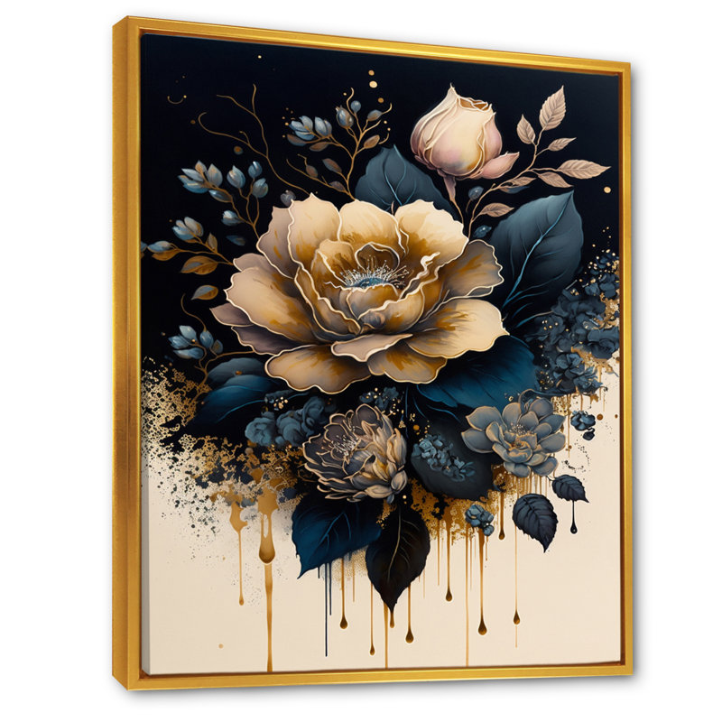Bleu marine et rose doré I - reproduction sur toile, H 40 po x l 30 po x P 1,5 po, Toile avec cadre flottant or