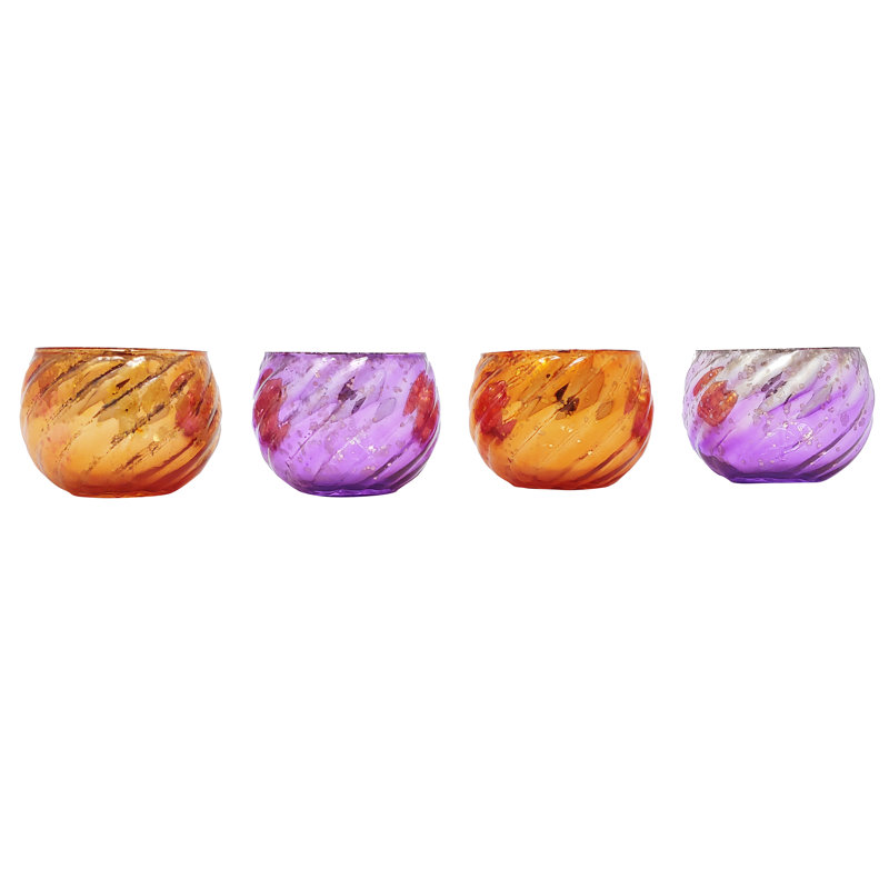 Petit porte-votive rond en verre, Bleu foncé / orange