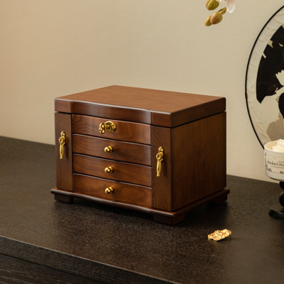 Boîte à bijoux en bois de noyer noir avec serrure - 3 tiroirs grand organisateur de bijoux pour femmes filles avec 2 espaces de rangement latéraux et un miroir, coffre à bijoux avec clé pour bracelet, collier, bague, boucle d'oreille