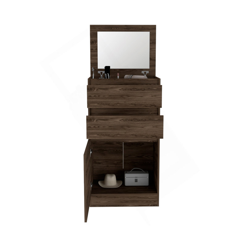 Commode H 43 po, boîte à bijoux, miroir, armoire à une porte, deux tiroirs, noyer foncé, Brun