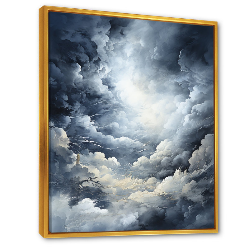 Nuage orage Fury - orages murales salon, Cadre flottant doré, H 32 po x l 16 po x P 1 po