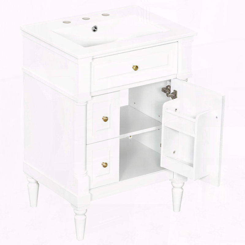 Meuble-lavabo moderne de 24 pouces avec lavabo en céramique et tiroir rabattable, White