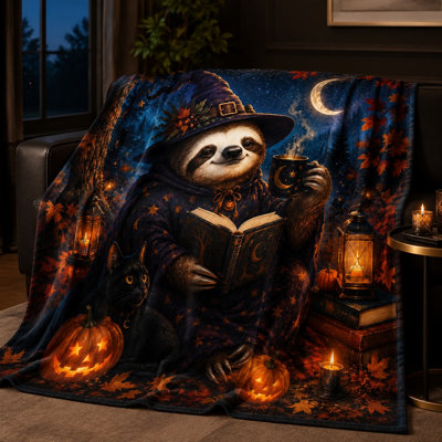 Couverture polaire à motif paresseux, sorcière, chat noir et citrouille, idéale pour Halloween. Couverture douce et légère en peluche pour canapé, chambre, salon et décoration intérieure.